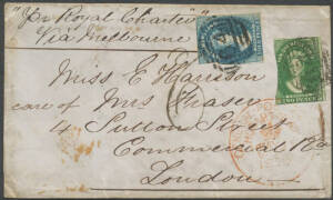 1855 soiled cover to London "per Royal Charter/Via Melbourne" with defective Large Star 2d & 4d, also two 1857 entires to Hobart each with No Wmk 4d deep blue SG 21 & Barred Numerals '18' of Campbell Town (with postmaster's manuscript "CTown/15-1-58") or 