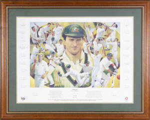 1999-2000 AUSTRALIAN TEAM, "Twelve - The Record Breakers", print by Mark Sofilas commemorating Australia's record 12 consecutive Test match victories, with signatures of 20 Australian Test players including Steve Waugh, Shane Warne & Matthew Hayden; also 