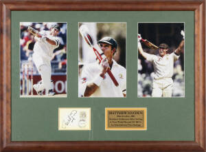 MATTHEW HAYDEN, display commemorating his World Record 380 Test runs in the 2003 1st Test v Zimbabwe at the WACA, comprising signature on card, window mounted with three action photographs, framed & glazed, overall 75x56cm.