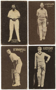 c1928-34 cricket cards, noted Australian (Giant Brand) Licorice group with 1930 "English Cricketers" [24]; 1930 "Australian Cricketers" [26/27]; 1930-31 "Australian Cricketers" [2/24]; 1931 "South African Cricketers" [5/12]; also ABC postcard "First Austr