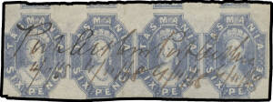 POSTMARKS: manuscript "Port Arthur" cancellations - three different styles/hands - on Imperf 1d carmine strip of 3 (cut-into at the base), 4d (cut-into) + 6d pair (full margins), 6d strip of 3 (full margins with fragments of the three adjoining units belo