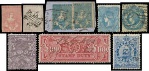 Large stockbook of duplicates arranged by denomination with One Penny Half-Lengths x15 (one apparently unused but rebacked), Emblems with an attractive strip of 3 & Stamp Statute 1d and ½d on 1d both mint, Two Pence Half-Lengths x8, Three Pence Half-Lengt