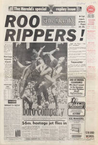 NEWSPAPER PAGES & POSTERS: c1915-64 newspaper pages with reports of football (or cricket) from 'The Age' (28), 'Sporting Globe' (15), 'Truth' (2), 'Herald' (4) & 'The Advertiser' (1) - includes scarce 1915 season (10); posters (33) including "The Brownlow