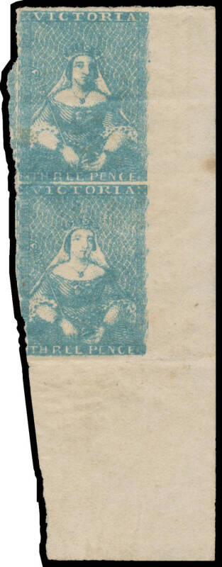 1850-53 Half-Lengths by Thomas Ham White Veils 3d greenish blue SG 14b vertical pair from the lower-right corner of the sheet with enormous sheet margins at right & base, crudely separated at left the upper unit intact with a chunk of the adjoining unit a