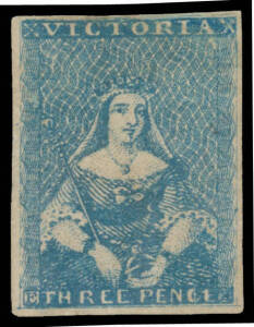 1854 Half-Lengths by Campbell & Co 3d blue SG 24, margins close to good, unused, Cat &pound;1100. Rarely available this fine.