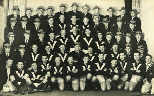 1948 VICTORIAN TEAM, team photograph with title "Victorian Football League, Interstate Trip Perth - Adelaide 1948" and players names printed on mount, overall 38x30cm. Fair condition. Team includes Jack Graham (captain), Alan Ruthven, Charlie Sutton, Bill