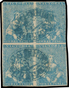 1854 Half-Lengths by Campbell & Co 3d blue SG 24 block of 4 [1-2/7-8], virtually full margins except at upper-right, a couple of minor defects, Barred Oval '15' cancels in blue of Warrnambool, Cat &pound;200+. A very scarce multiple.