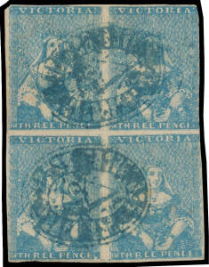 1854 Half-Lengths by Campbell & Co 3d blue SG 24 block of 4 [1-2/7-8], virtually full margins except at upper-right, a couple of minor defects, Barred Oval '15' cancels in blue of Warrnambool, Cat £200+. A very scarce multiple.