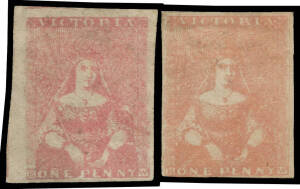 1854-57 Half-Lengths by Campbell & Fergusson 1d pink SG 28 two examples in rather different shades, the first - that we think is actually SG 27a - with tiny faults, the second with three large margins but creased, unused, Cat £2800 minimum.