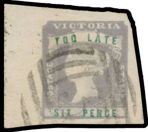 1854-55 Woodblocks 6d lilac & green 'TOO LATE' SG 33 corner example from the upper-right of the sheet, margins large to huge, Barred Numeral '3' of Castlemaine, Cat &pound;250. A huge example, possibly the largest extant.