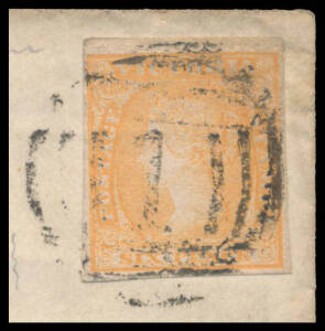 1854-55 Woodblocks Experimental Separations 6d orange with Serpentine Roulettes at the top & lower-left otherwise cut from the sheet to preserve the design, tied to late-1857 cover to Rutland by BN '1' of Melbourne (b/s), very fine Leicester transit of JA