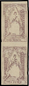 1855-56 Litho Queen-on-Throne Campbell & Fergusson Early Printings on Poorer Quality Paper 2d brown-purple SG 37a vertical pair [40/50], the upper unit [PU] with Creased Transfer Variety, natural aeration holes characteristic of this paper, the lower unit