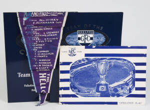 GEELONG: 1951 Grand Final pennant; c1973 "Operation Flag" brochures (2); 2001 Team of the Century menus; small container of badges & tie pins; watercolour "Beach Huts" by Christopher Hickey; 1956 Olympics programme.