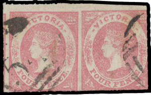 1858 Emblems on Good Quality Wove Paper Rouletted 7-9 on All Sides 4d rose-pink horizontal pair Imperf Between, BN '54' (rated R) cancels of Kilmore. Unlisted in Gibbons.