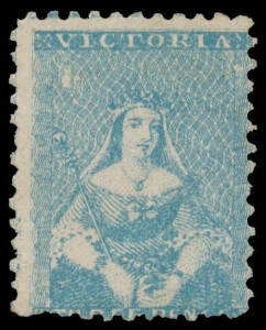 1859 Perf 12 by Robinson 3d blue SG 78 [14], characteristic wayward centring, a couple of short perfs but otherwise very fine, unused, Cat &pound;1800. RPSofV Certificate (2014). [Most unused examples have significant faults]