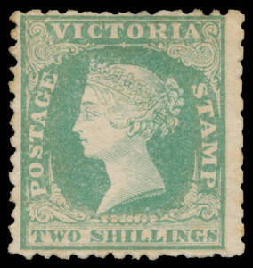 1859 Perf 12 by Robinson 2/- green/yellow SG 82, well centred for this issue, small hinge thin, unused, Cat £550.