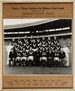 1955 VICTORIAN TEAM, team photograph with title "Victoria v Western Australia at the Melbourne Cricket Ground, 18th June, 1955, Representative Team. Victoria - 6 goals 18 behinds 54 points;&nbsp;Western Australia 3 goals 7 behinds 25 points" and players names 