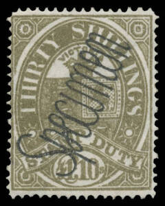 1884-96 Large Stamp Duty &pound;1/10/- deep grey-olive SG 244 with Kellow & Turner Type 13 'Specimen' Handstamp (applied diagonally reading upwards), sweated gum. [Only one example recorded in the Handbook]