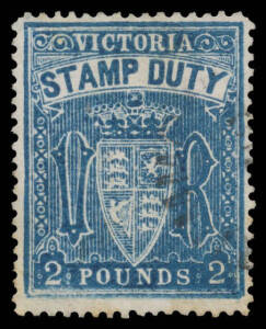 1884-96 Large Stamp Duty Wmk '33' Perf 12½ £2 bright blue SG 276, 'JAMIESON' postal cds, Cat £130+. Rare postal usage. [NB: The Gibbons prices for "used" denominations above £1 are for CTO stamps from presentation/collectors' sets. Such stamps are regular