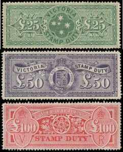 1884-1900 Ultra-High Values Recess Wmk '33' £25 deep green SG 283b, £50 black-violet SG 284a & £100 aniline crimson with the Watermark Upright SG 285c (minor perf stains), excellent centring, unused (regummed), Cat £210,000; unknown postally used. A very 