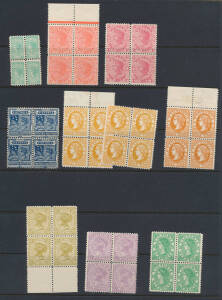 1905-13 Crown/A ½d, 1d (2, one marginal), 2d reddish violet, 2½d, 3d (3, two are marginal) & 6d blocks of 4, large-part o.g. with many units being unmounted. (10 blocks)