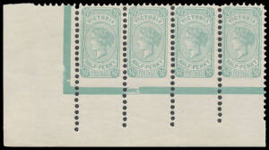 1905-13 Crown/A Perf 12&frac12; &frac12;d blue-green Imperforate at Base BW #V22b (SG 416var) horizontal corner strip of 4 from the lower-left of the sheet, very lightly mounted, Cat $4000+ for singles. A very desirable error multiple.