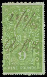 STAMP DUTY: 1884 High Values &pound;5 pink to &pound;9 yellow-green/green, only the &pound;8 has the characteristic pinholes, 1880s manuscript cancellations, Gibbons Cat &pound;950. [NB: despite Gibbons pricing the &pound;5 as "used", not a single genuine postally used example of any 