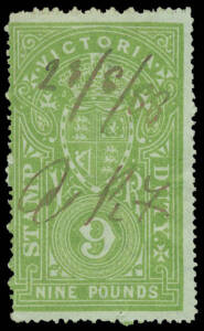STAMP DUTY: 1884 High Values £5 pink to £9 yellow-green/green, only the £8 has the characteristic pinholes, 1880s manuscript cancellations, Gibbons Cat £950. [NB: despite Gibbons pricing the £5 as "used", not a single genuine postally used example of any 