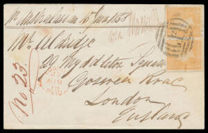 1858 cover to London "p Australasian...via Marseilles" with Woodblocks 6d yellow-orange SG 32b pair [41-42, very fine with large even margins] tied by BN '1' of Melbourne, light oval 'SHIP LETTER/[crown]/JU*15/1858/ MELBOURNE' b/s in red, London arrival c