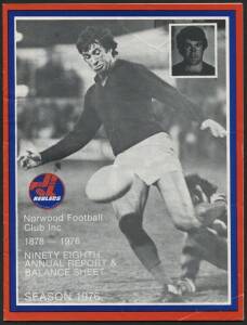FOOTBALL BOOKS, noted "The Blues - A History of Carlton Football Club" by Hewat [Melbourne, 1982]; "The Encyclopedia of League Footballers" by Main & Holmesby (5 editions, 1992-98); "Footystats" by Taylor (6 editions 1992-2000); plus Norwood annual report
