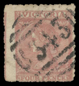 BARRED NUMERALS: Orginal Type '343' of Tallarook, fine strike on Laureates 4d. PO 1.4.1861. Rated RRRR.