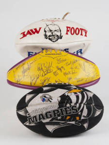 BOX OF FOOTBALLS: Footballs (15) including one signed by c1989 Sydney Swans, AFL Centenary, Ansett Cup 2000, Collingwood, Kangaroos, Brisbane Bears; plus mini-footballs (13). Fair/VG condition.
