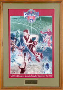 1996 AFL CENTENARY HALL OF FAME LEGENDS: 1996 Centenary Grand Final poster, with 7 signatures - John Nicholls, Leigh Matthews, Dick Reynolds, Polly Farmer, Bob Pratt, Bobby Skilton & Jack Collins, limited edition 30/50, window mounted, framed (no glass), 