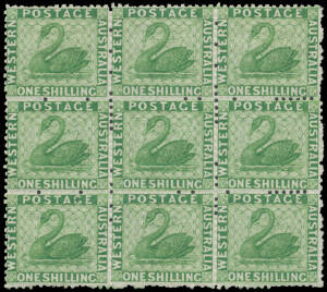 1864-79 CC Perf 12½ 1/- bright green with the Watermark Inverted & Reversed SG 61y block of 9, remarkably well centred throughout (almost a miracle!), large-part to full o.g. with the second row being unmounted, Cat £2700++ (for mounted singles). An extra