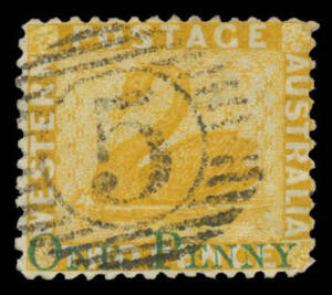 1874 Surcharge 'ONE PENNY' in Green on 2d yellow with the Watermark Reversed SG 67x, very fine 15-bars '5' cancel of Guildford, undercatalogued at £60. RPSofL Certificate (2005).