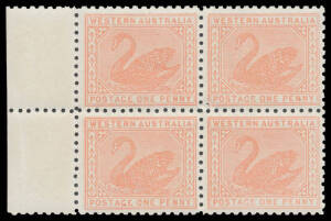 1905-12 Crown/A Perf 11 1d rose-pink with the Watermark Upright BW #W13B (SG 151b) marginal block of 4 from the left of the sheet, three units unmounted, Cat $400+ (£360++). Superb!