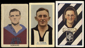c1908-75 football cards in album, noted Sniders & Abrahams, Wills, J.J.Schuh, Hoadleys, Godfrey Phillips, Allens, Giant Licorice, Kornies, Twisties, Atlantic, Sunblest "V.F.L.Footy Cards" [25/28]. Poor/G. Inspection will reward. (172 items).