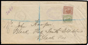 1897 overweight cover to "Black Flag South Gold Mine/Black Flag" with very scarce franking of 3d & 1/- tied by oval 'REGISTERED LETTER BRANCH/25JUN1897/POST OFFICE, ALBANY, WA' d/s (PMI #ORS2b) in violet, Kalgoorlie b/s but sadly with no Black Flag arriva