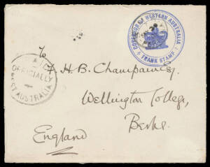 1901 envelope with Coat of Arms embossed in blue on the flap & a largely superb strike of the 'GOVERNOR OF WESTERN AUSTRALIA/[crown]/FRANK STAMP' in blue, to England with 'SMR/PERTH WA' cds and 'PAID/OFFICIALLY/WEST AUSTRALIA' h/s as required on franked m