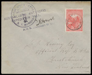 AUSTRALIAN: 1911 Mawson Expedition cover with 'LOOSE SHIP'S LETTER/POSTED IN/ANTARCTICA/ [penguin]/SY AURORA/AAE' cachet overstruck with 'AUSTRALASIAN ANTARCTIC/EXPEDITION 1911/("JK Davis")/COMMANDER OF SHIP', to JJ Kinsey in New Zealand with Tasmanian 1d