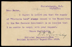 NEW ZEALAND: 1911 return usage of German (10pf+)10pf Reply-Half unnecessarily with New Zealand &frac12;d & 1d pair added, the message states "...the supply of Victoria Land stamps...is so limited that I am unable to comply with your request" & signed "JP Kinsey"