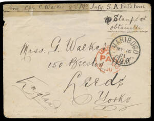 1901 stampless Boer War cover endorsed "From Cpl C Walker 2nd Mtd Infy SA Field Force", to Yorkshire with superb 'MARIBOGO/MY16/01/CGH' cds, crude flap repairs with "sticky" tape & stained at upper-left. [Maribogo PO was in British Bechuanaland 1892-1902]