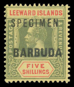 BARBUDA: &frac12;d to 5/- SG 1-11 complete with 'SPECIMEN' Overprint, mostly minor hinge remainders, Cat &pound;225. (11)