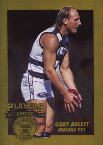 c1991-2000 football cards in album, noted 1994 Dynamic "AFL Players Choice Gold Cards" [5] x 2 sets; 1994 Select "Cazaly Classics Gold Cards" [9]; 1994 Dynamic "AFL Sensation MVP" [5]; 1995 Select "Six of the Best" [6]; 1996 Bruce Doull Hall of Fame card 