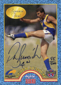 1995-96 football cards in album, noted 1996 Tip Top "Hyfibe Heroes" [38] & "Signature Cards" [2/3] - Tony Modra & Peter Sumich; 1995 Club Ten "Caricature Stickers" [32]; 1995 Pizza Hut "Club Ten" [9]; 1996 Select "Super Swans" [13]; 1996 Tempo "Pumped Up 
