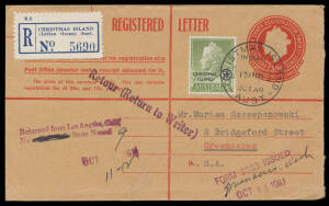 1961 usage of 30c Registration Envelope with QEII 50c tied by #1 cds, addressed to "Greenacres/SA" (= South Australia), Singapore transit b/s where it seems the address was amended to "USA", American 'FORM 3983 ISSUED/("Greenacres Wash")', 'Retour (Return