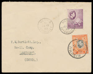 1939 "Guba" Indian Ocean Survey Flight intermediate between Seychelles & KUT, to India with 'AHMEDABAD CANTONMENT' arrival b/s, a bit spotty on the reverse, Cat $650+. Scarce.