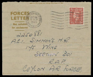 1945 usage of British 'FORCES/LETTER' formular aerogramme from GB with KGVI 1&frac12;d only, to "Section 301/RAF/Ceylon Air Force" based on Cocos. Rare inwards mail.