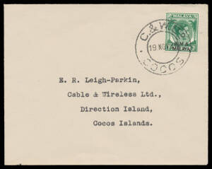 1949 inwards cover with superb undated 'Cocos-Keeling/Is.' barrel mail b/s & BMA 3c green unusually cancelled with the 'C & W LTD/19NOV49/COCOS' cds.