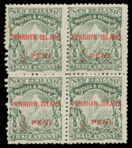 PENRHYN: 1902 Overprints on New Zealand &frac12;d green block of 4, the left-hand units both with Mixed Perfs 11 & 14 at Left SG 12, full o.g., the upper units very lightly mounted & the lower units unmounted, Cat &pound;4500++ as mounted singles. RPSofL Certificate (